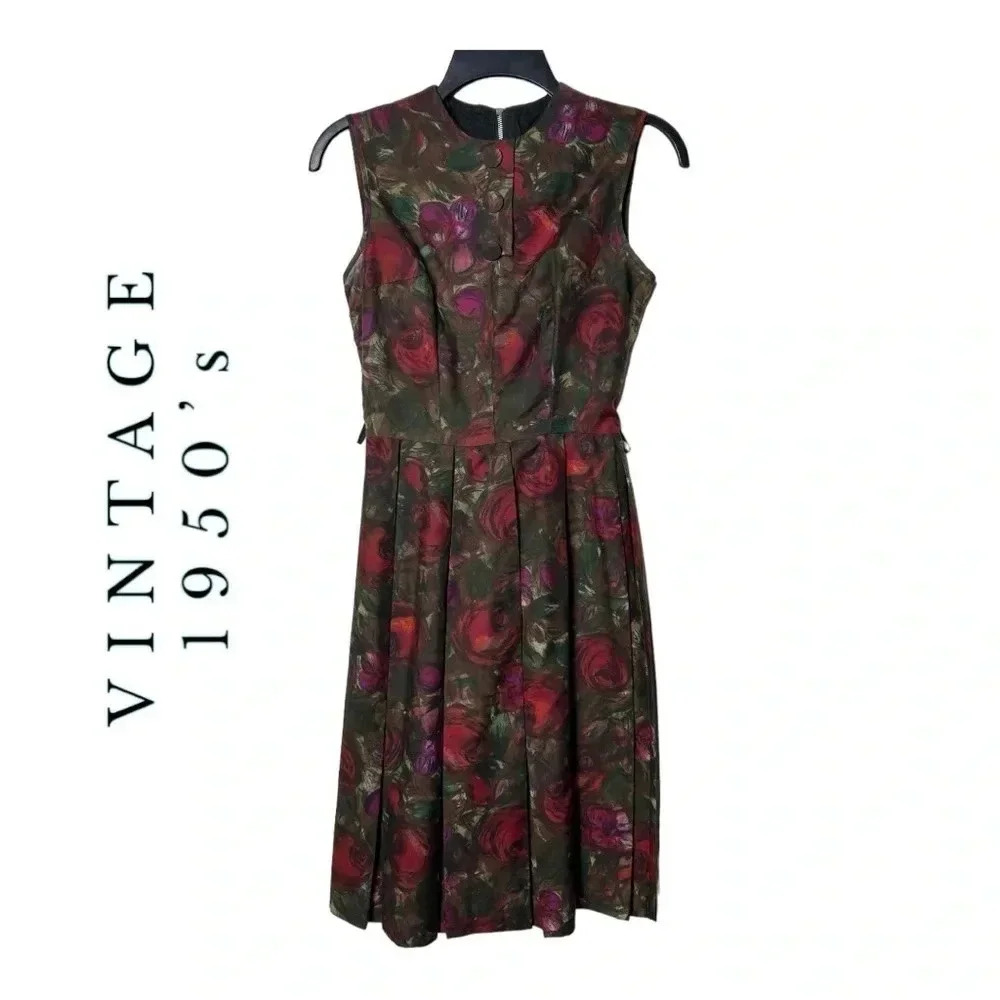 1483. VINTAGE 1950’s NO BRAND SLEEVELESS MIDI LENGTH DRESS BURGUNDY FLORAL PRINT